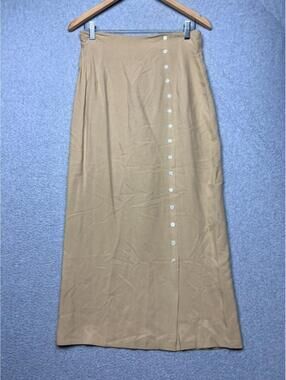 Wayne Rogers 100% Silk Maxi Skirt Tan Button Front Old Money Quiet Luxury 10 EUC